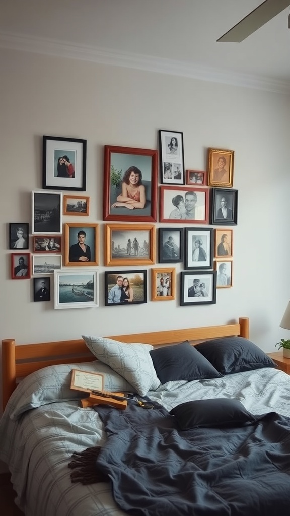 A cozy bedroom with a gallery wall of framed photos above a bed, showcasing various memories.