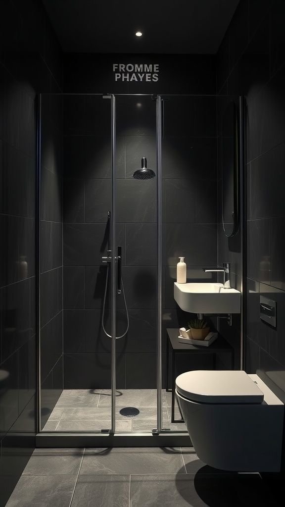 A small dark bathroom featuring frameless glass shower doors, modern fixtures, and sleek design elements.