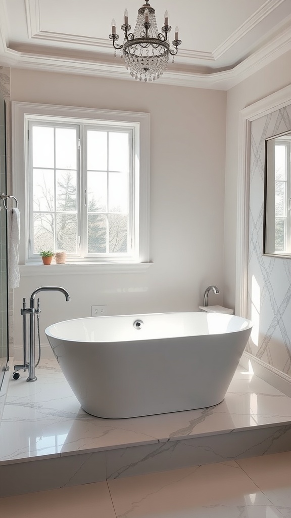 A modern ensuite bathroom featuring a freestanding bathtub, marble flooring, and a chandelier.