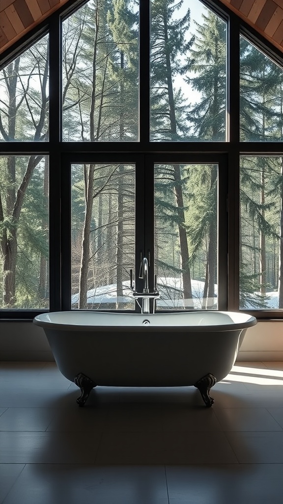 A freestanding bathtub in a bathroom with large windows overlooking trees and nature