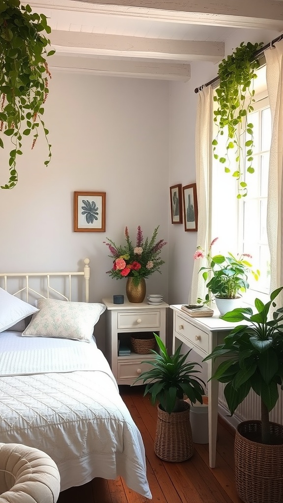 A cozy French cottage bedroom featuring fresh green plants and florals, with a bed, bedside table, and hanging plants.