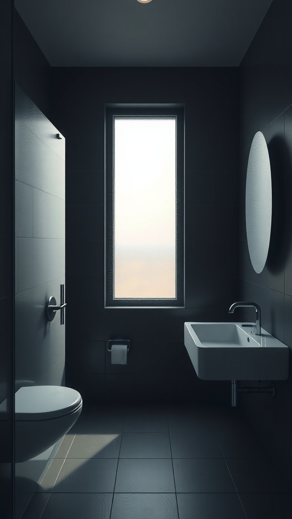 A modern dark bathroom featuring frosted glass windows and minimalist fixtures.