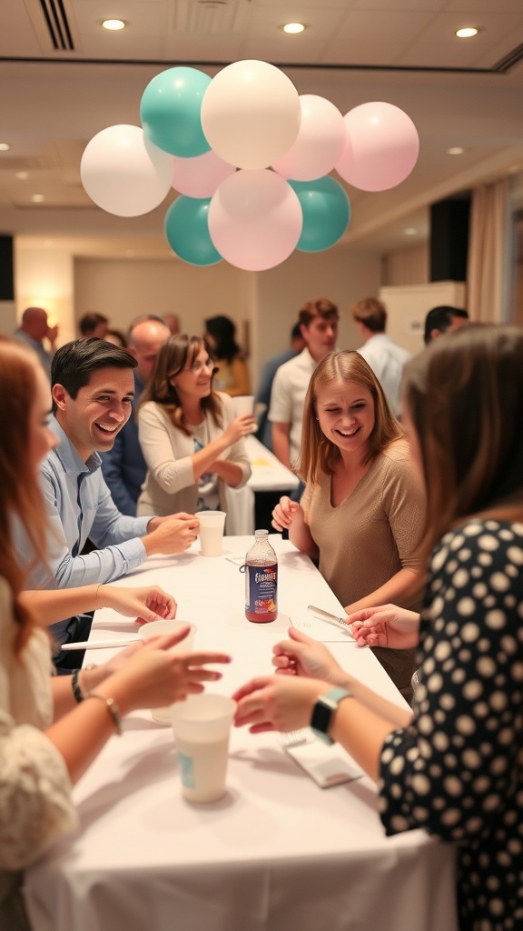 Guests enjoying fun baby shower games with balloons in the background.