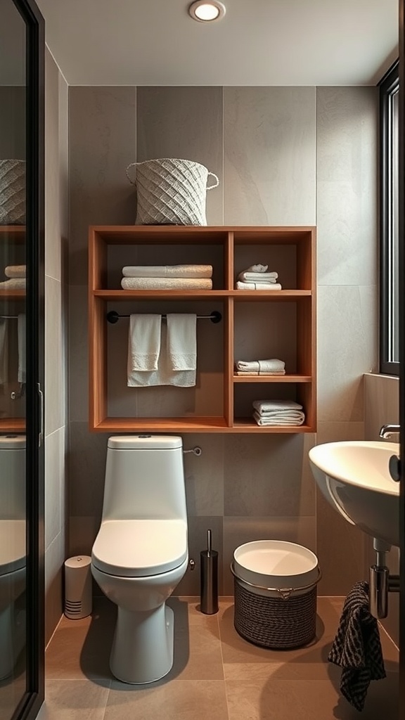 A modern Japanese bathroom showcasing functional and aesthetic storage with wooden shelves, neatly arranged towels, and stylish baskets.