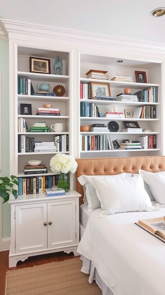 A cozy bedroom featuring built-in shelving filled with books and decorative items next to a tufted bed.