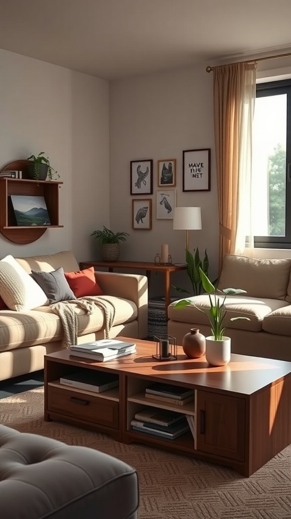 A cozy dorm living room with a functional coffee table, showcasing a warm wooden finish and storage options.