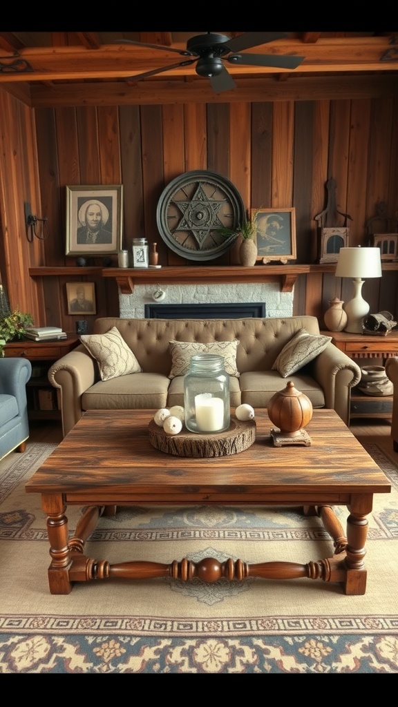 A cozy ranch-style living room with a wooden coffee table decorated with a glass jar and seasonal decor, featuring warm wooden tones and a plush couch.