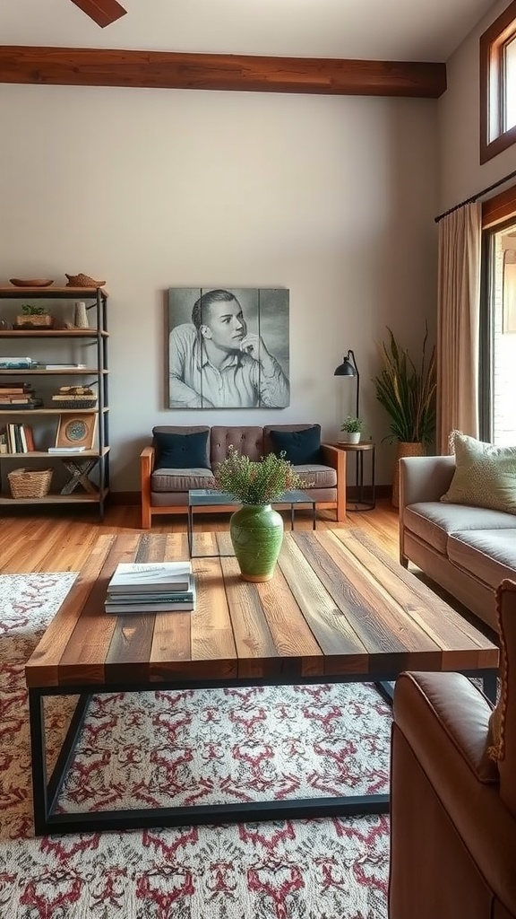 A modern western living room featuring a rustic coffee table, cozy seating, and decorative items