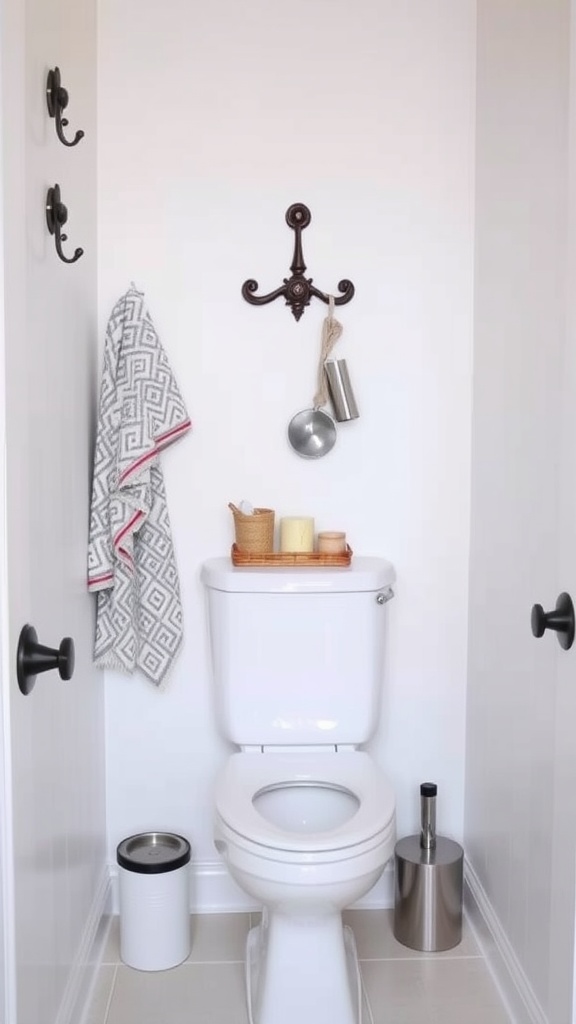 A small downstairs toilet featuring wall-mounted hooks, a towel, and decorative items on the toilet tank.