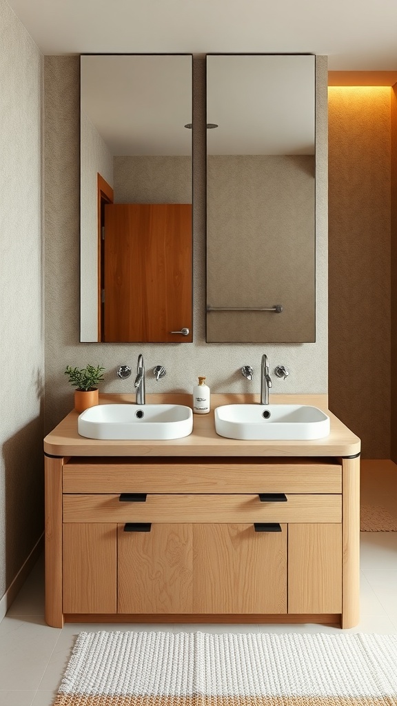 A modern Japanese bathroom featuring a dual sink design with a wooden vanity and mirrors.