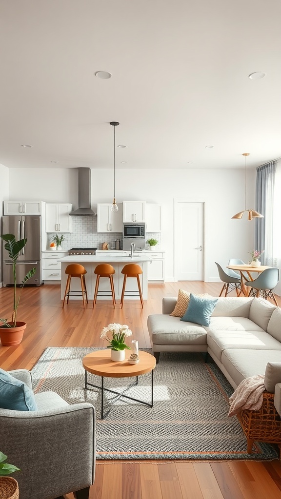 A combined living room and kitchen with modern furniture arrangements