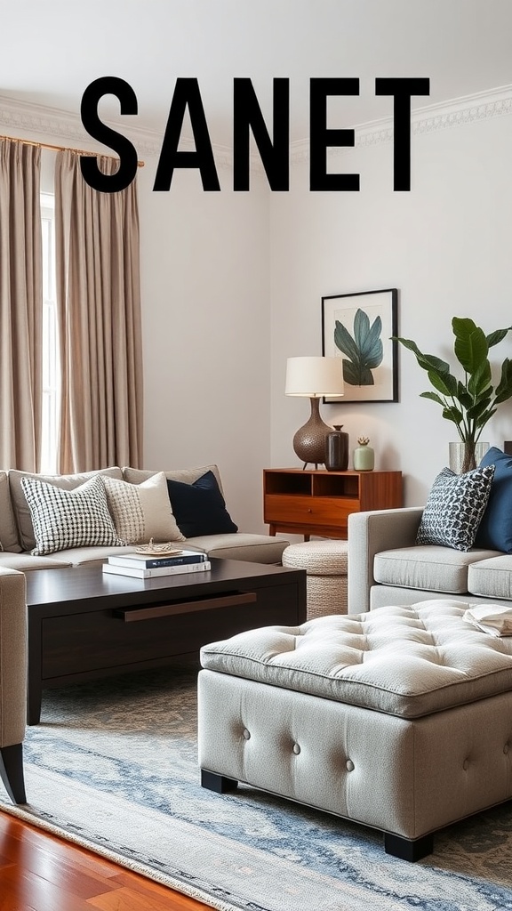 A cozy living room with a stylish coffee table, tufted ottoman, and accent tables, showcasing functional furniture with storage.