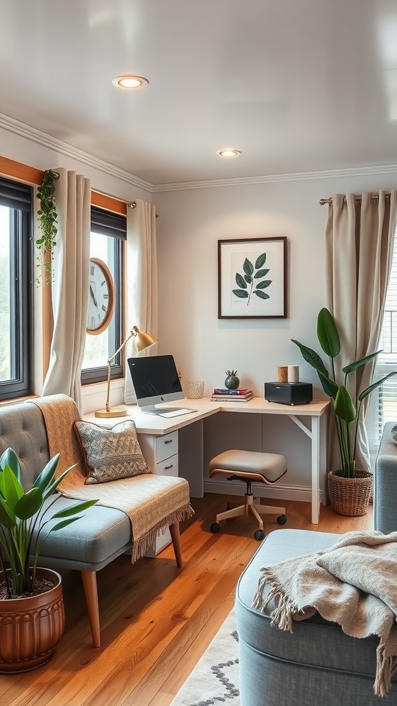 A cozy home office setup in a mobile home living room with a desk, plants, and natural light.