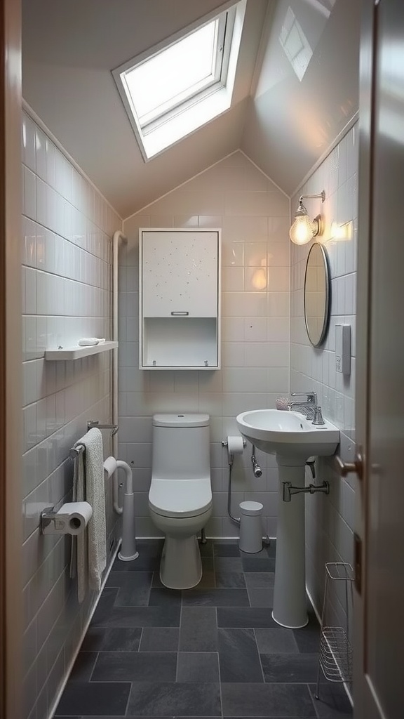 Small bathroom with a slanted ceiling featuring a skylight, wall-mounted toilet, and pedestal sink.