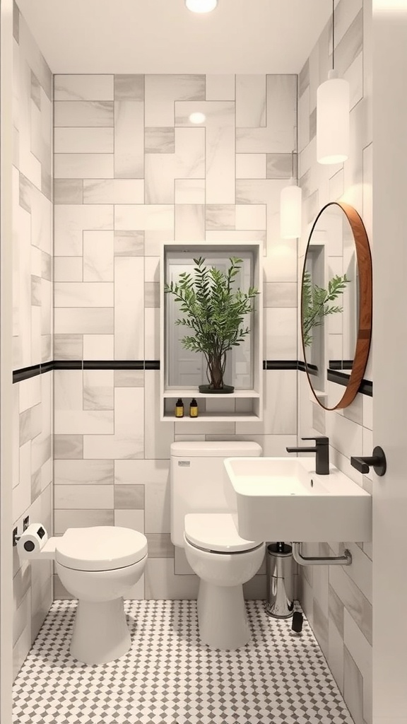 A small bathroom with modern features, including a compact sink, wall-mounted toilet, and a plant for decoration.