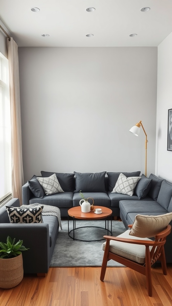 A cozy living room with a dark gray sectional couch, round wooden coffee table, and a warm armchair, surrounded by natural light.