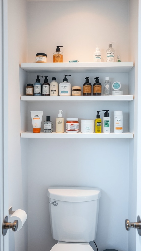 A minimalist small bathroom featuring floating shelves above a white toilet, displaying various toiletries and skincare products.