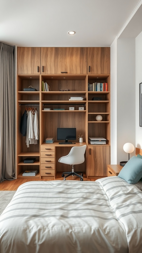 A bedroom featuring a functional office wardrobe combo with a wooden built-in wardrobe, desk, and organized storage.