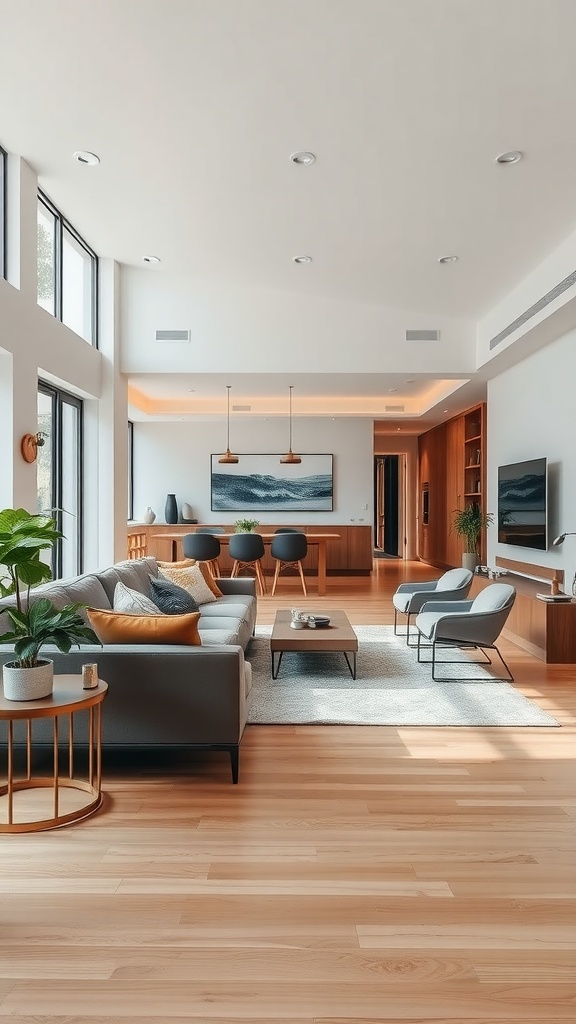 A spacious living room with large windows, wooden floors, a gray sofa, and stylish chairs, creating a functional open space.