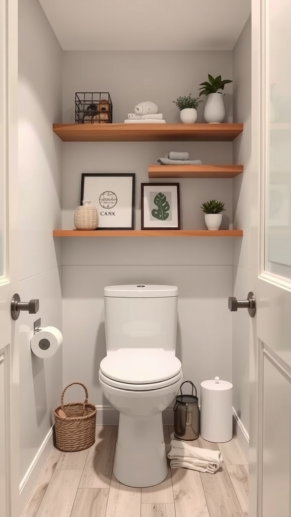 A small toilet room with functional wooden shelves displaying plants, towels, and decorative items