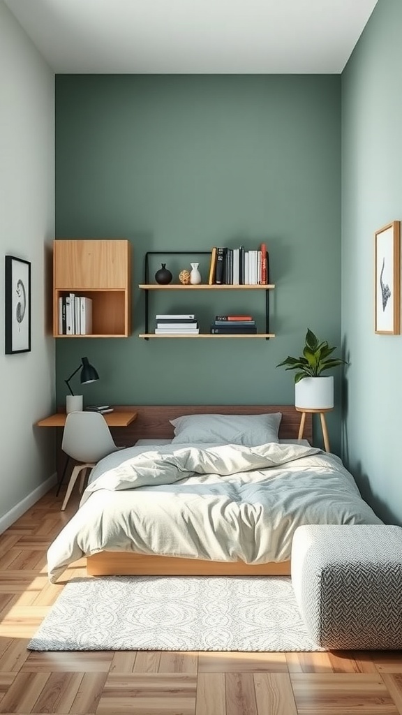 A cozy small bedroom with a green wall, wooden shelves, and a stylish pouf.