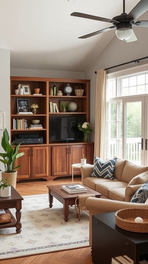 A cozy ranch-style living room featuring warm wood storage, a beige sofa, and decorative touches.