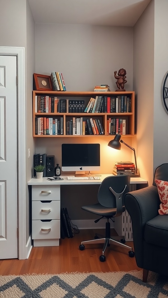 A cozy study nook featuring a desk with a computer, bookshelves filled with books, and a comfortable chair.