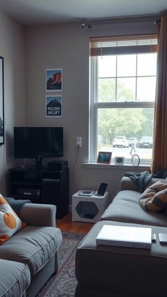 A cozy dorm living room featuring a TV, charging station, and a laptop on the coffee table, with comfortable couches and a bright window.