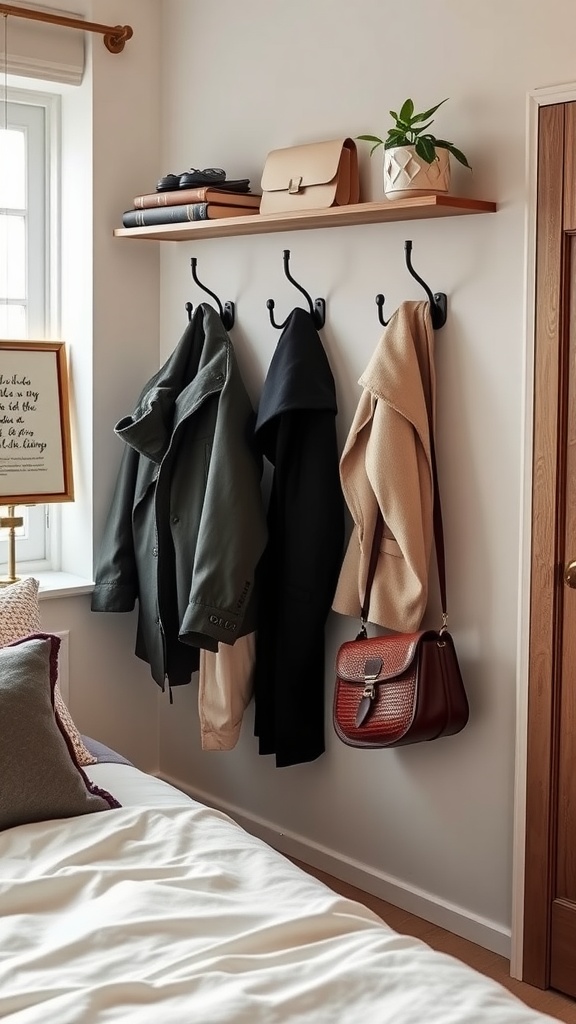 A cozy corner in a small shared bedroom featuring wall hooks with coats and bags, complemented by a wooden shelf holding books and a plant.