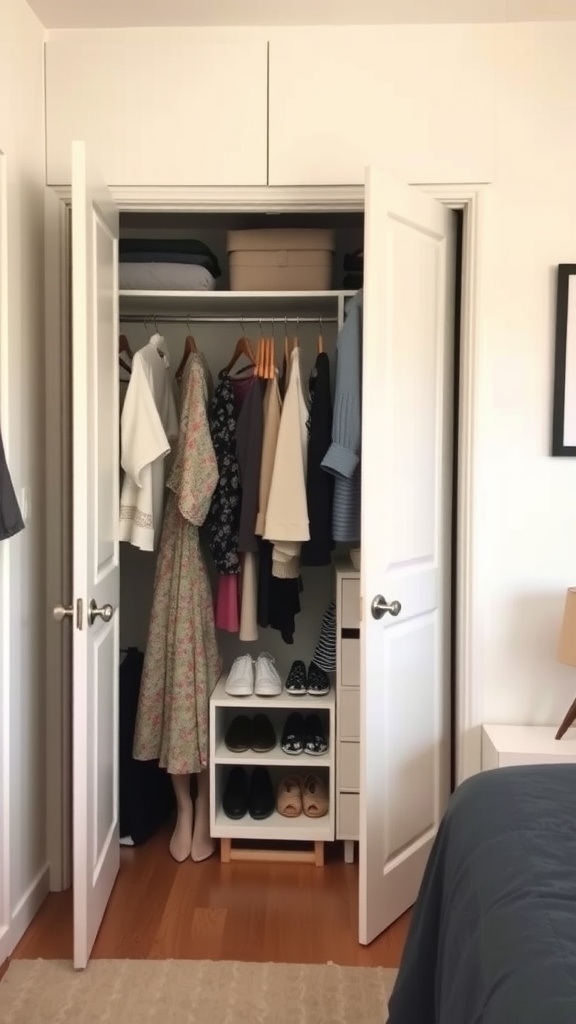 An organized closet with clothes and shoes, illustrating functional wardrobe arrangements for two sisters in a small bedroom.