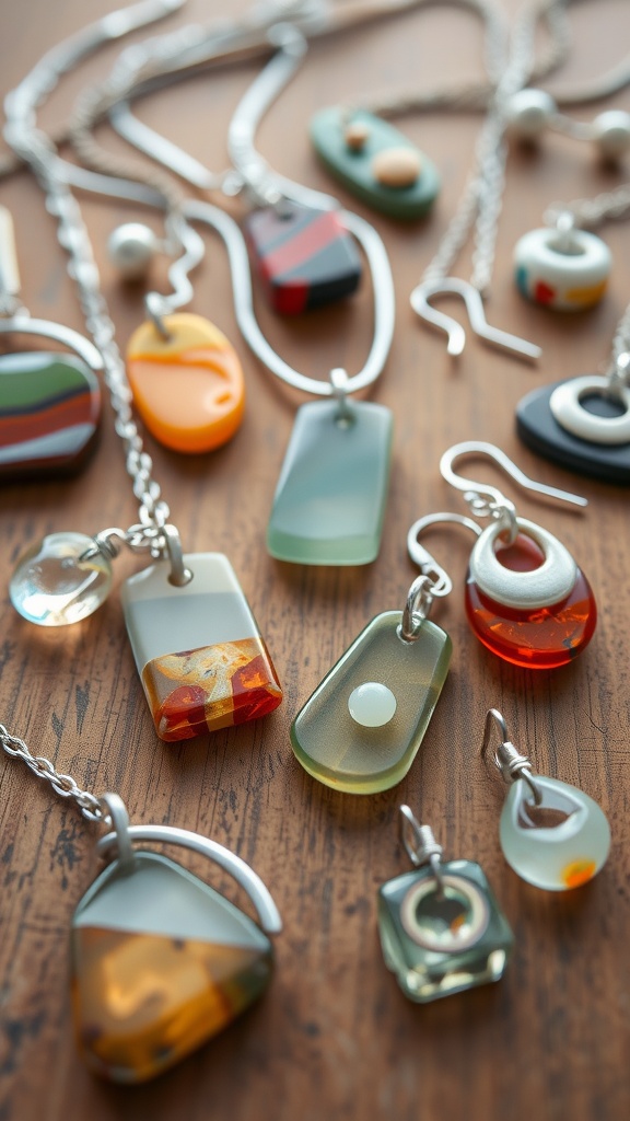 A collection of colorful fused glass jewelry pieces displayed on a wooden surface.