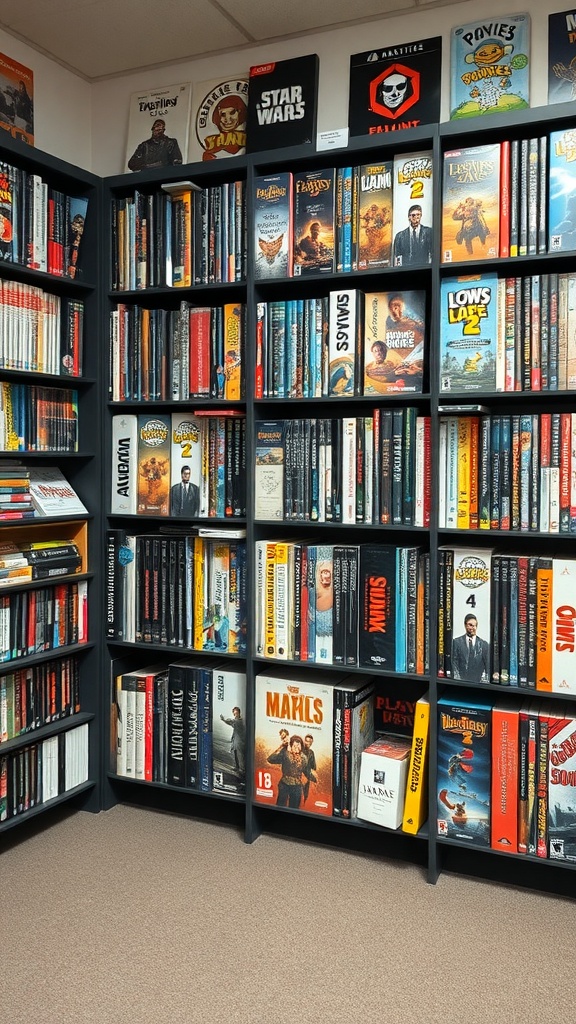 A wall of organized game titles displayed on shelves