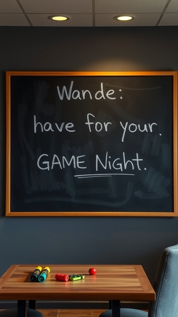 A chalkboard with game night planning notes and a small table with colorful game pieces.