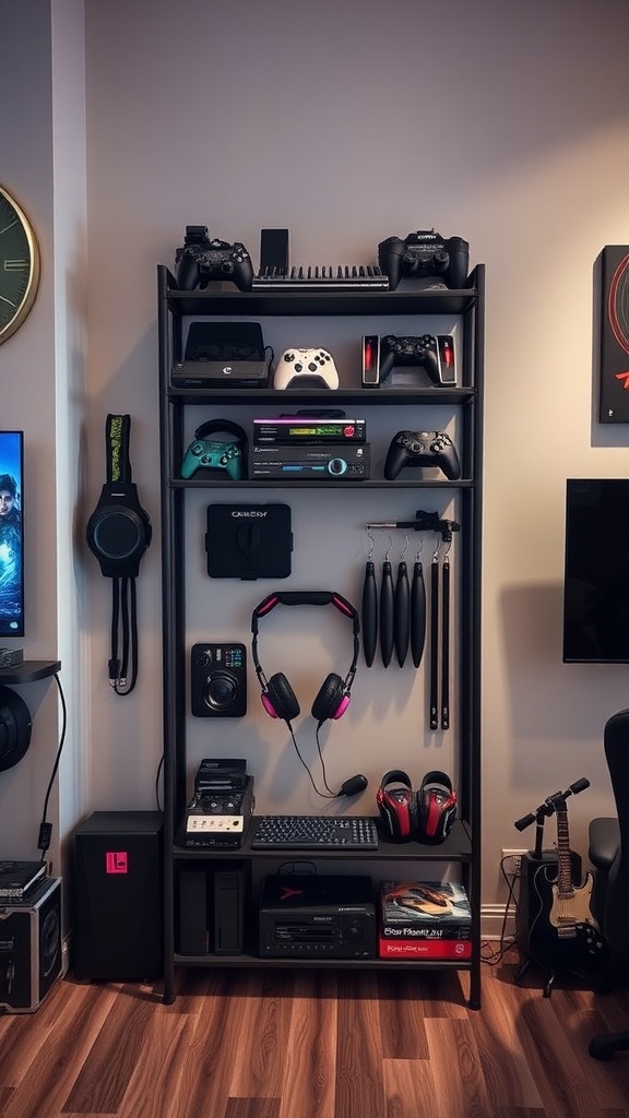 A gaming gear display rack showcasing controllers, headsets, and gaming accessories in a couple's gaming room.