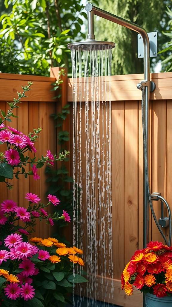 Outdoor garden-style shower with a rainfall head surrounded by colorful flowers.