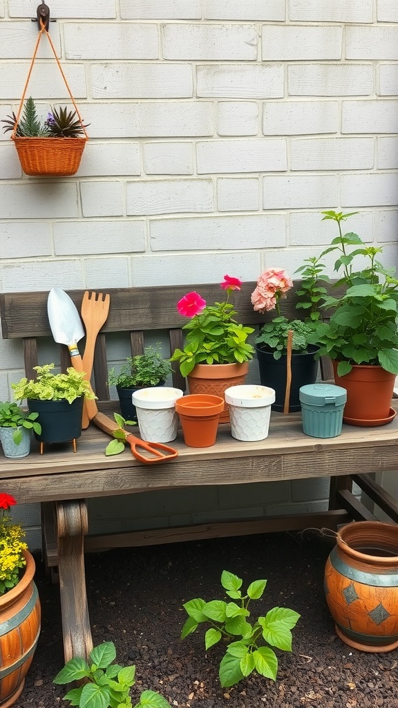 A wooden gardening bench adorned with various pots filled with plants, tools, and a hanging basket.