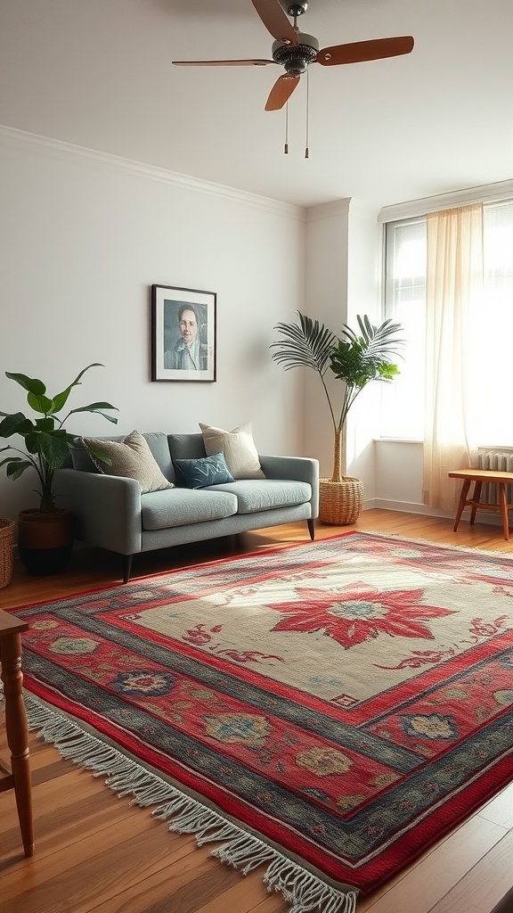 A cozy living room featuring a patterned rug, a comfortable sofa, and houseplants, embodying the cottagecore aesthetic.