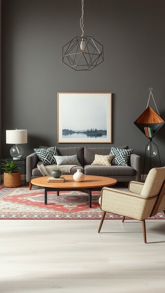 A modern boho living room featuring geometric accent pieces with a dark wall, stylish couch, and decorative elements.