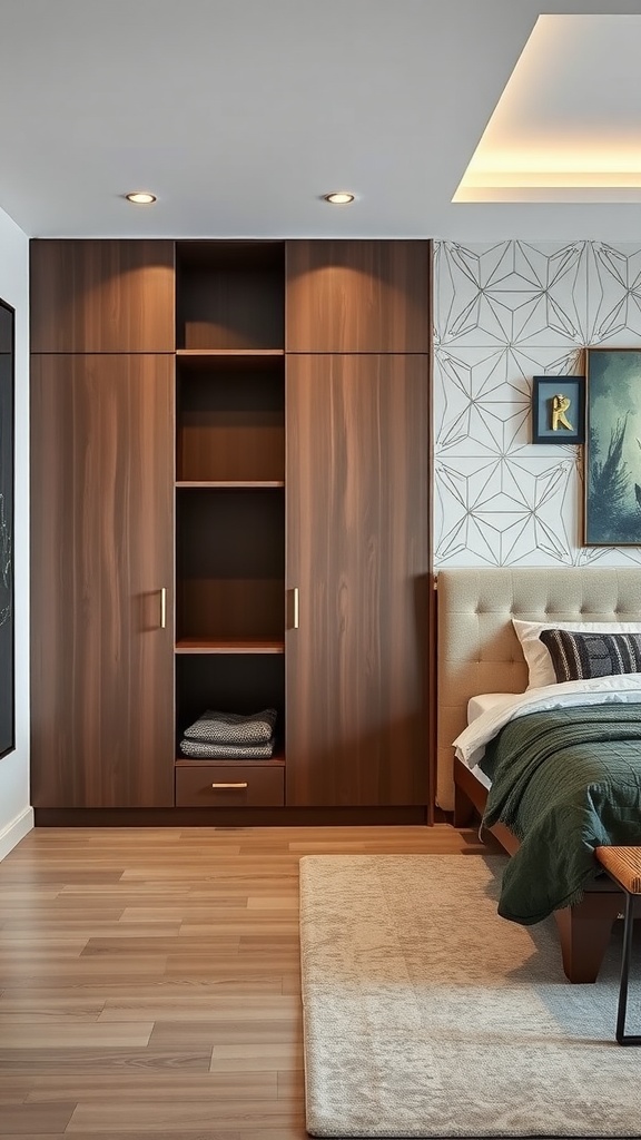 Geometric patterned wardrobe with a wooden finish and open shelves in a modern bedroom