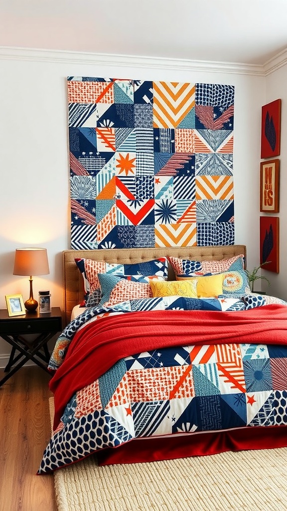 A cozy bedroom featuring geometric patterned bedding and wall art in vibrant colors.