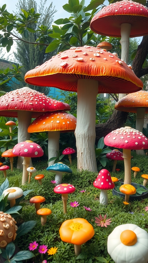 A whimsical garden filled with giant, colorful mushrooms and fungi