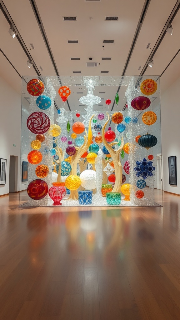 Colorful glass art installation with various shapes and sizes in a gallery