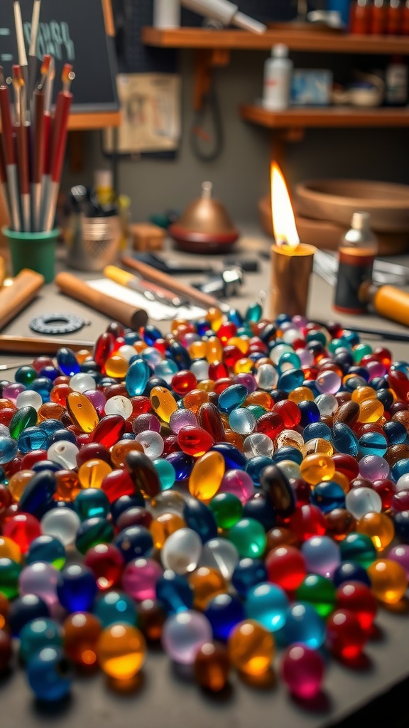 A colorful assortment of glass beads on a workspace with tools and a flame in the background.