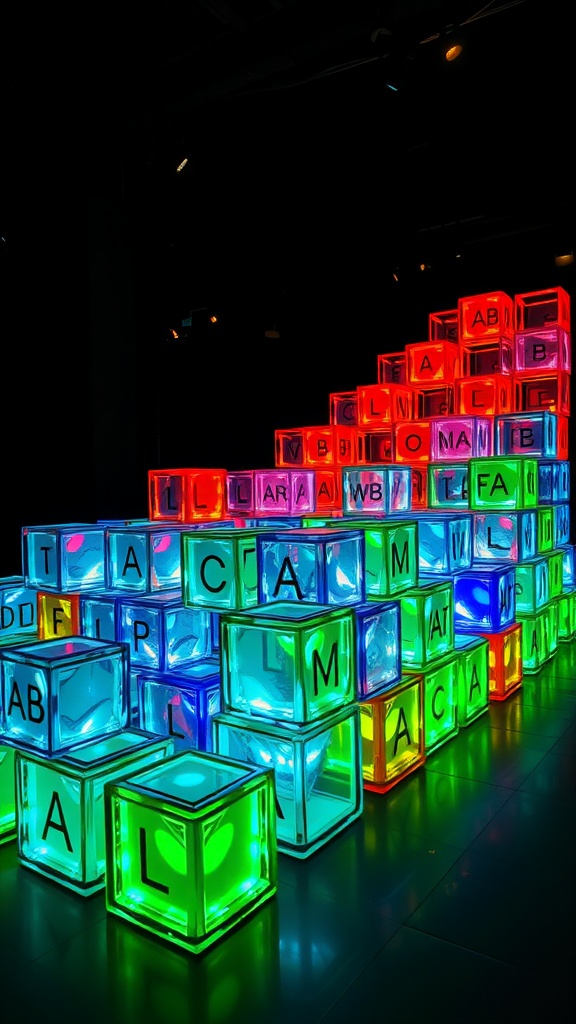 Colorful illuminated glass blocks arranged in a playful display