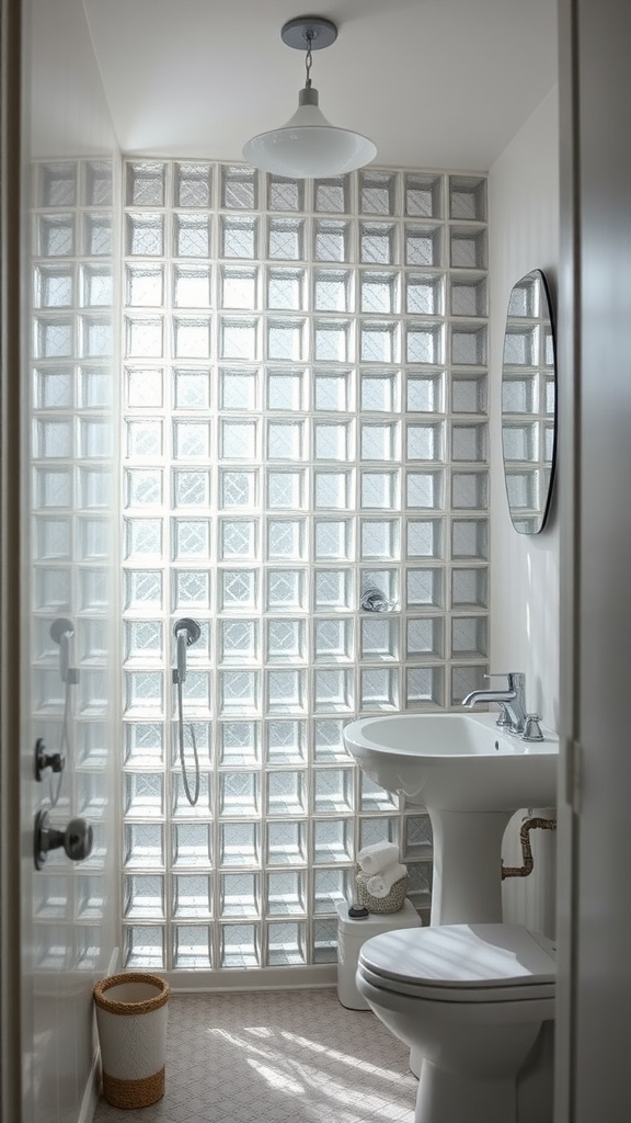 Small bathroom with a glass block wall allowing natural light, featuring a shower, sink, and toilet.