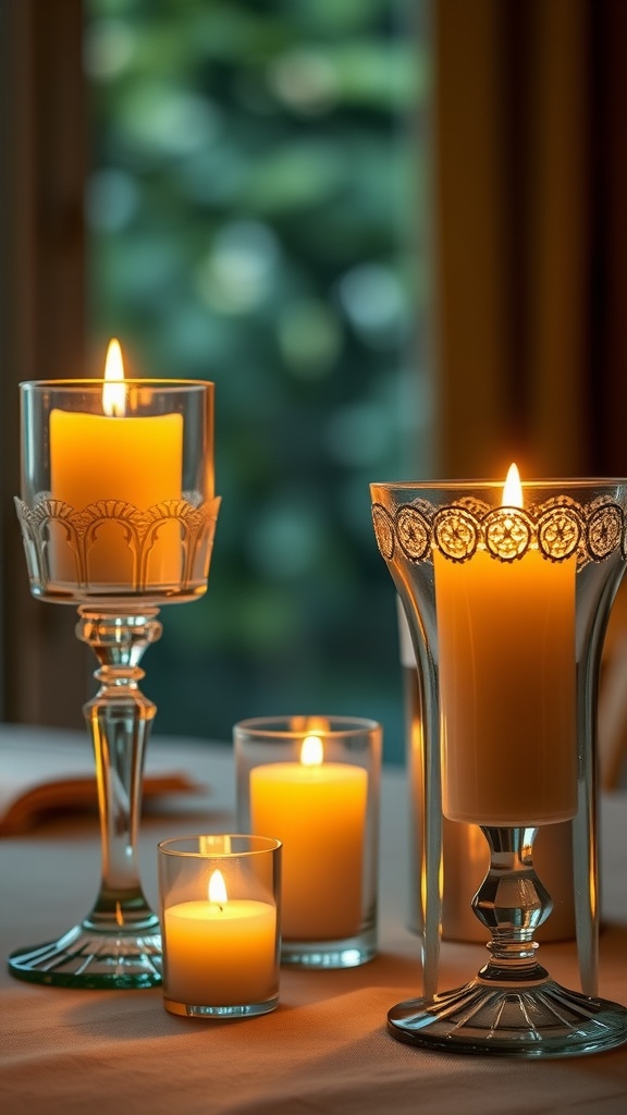 A variety of glass candle holders with lit candles, creating a warm and inviting atmosphere.