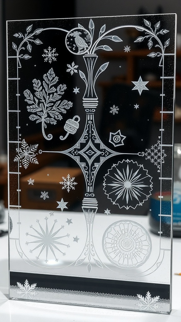 Etched glass artwork featuring detailed designs of leaves, stars, and snowflakes.