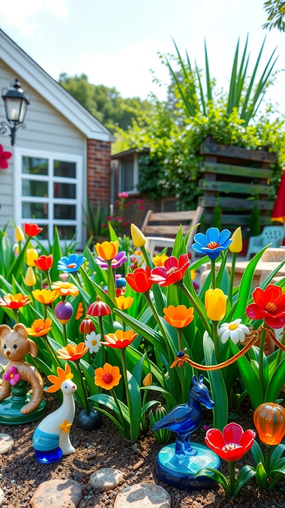 Colorful glass flowers and figures in a garden