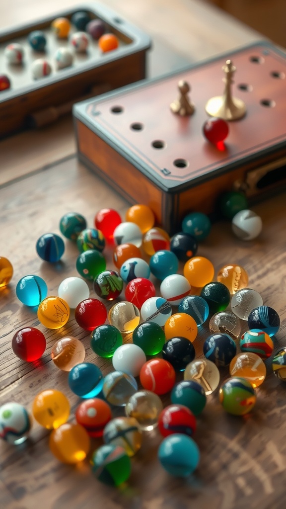 A collection of colorful glass marbles scattered on a wooden table, with two game boxes in the background.