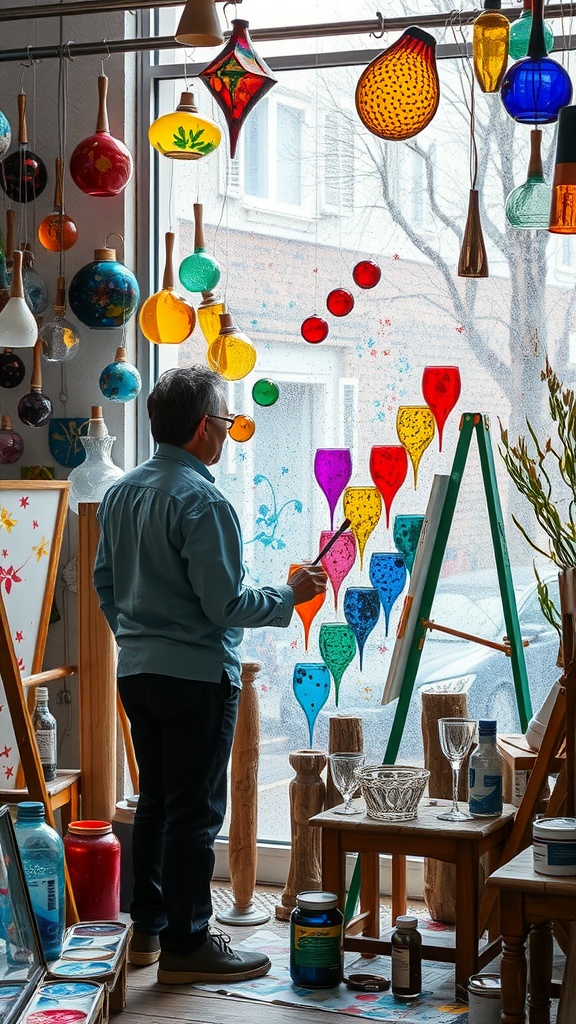 An artist painting colorful designs on a window, surrounded by various glass objects in a workshop.